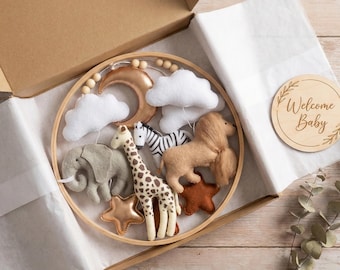 Neutrale safari babymobiel voor wieg vilt leeuw olifant giraf boho safari kinderkamer decor premium babycadeau