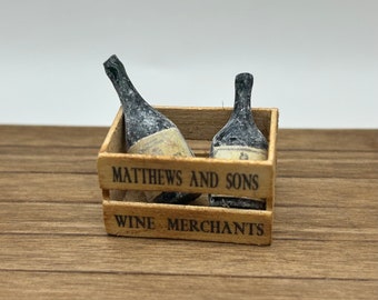 Miniature wooden crate with bottles, dollshouse crate, miniature 1:12 scale wine bottles