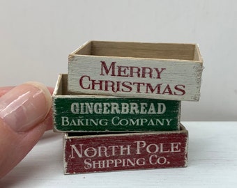 Dollshouse miniature Christmas crates, 3 Christmas boxes. 1:12 scale miniature Christmas