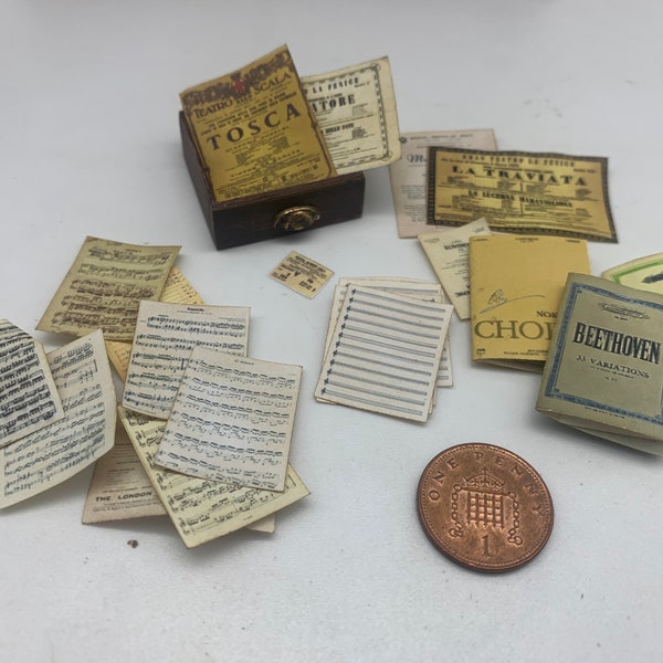 Dollshouse miniature music ephemera, miniature old music sheets, dollshouse vintage music, sing, dance documents