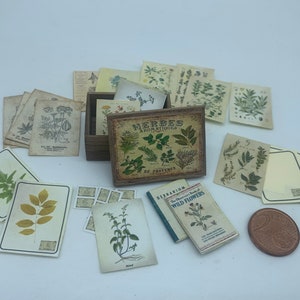 May include: A wooden box filled with small cards featuring illustrations of herbs and flowers. The box has a label that reads "Herbes Aromatiques De Provence". There is also a small book titled "Herbarium The Discovery Book of Wild Flowers".