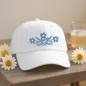 Blue Cornflower Hat, Embroidered Vintage Baseball Cap, Gift for Mom Grandma, Nostalgic Kitchen Style Hat, Cooking Baking Gift, Hat for Woman