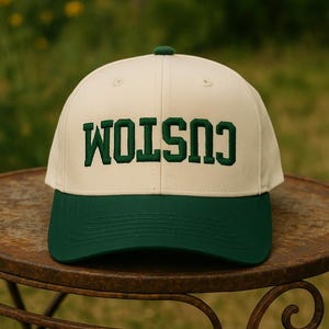 Op de afbeelding: Crèmekleurige baseballcap met een groene klep. Het woord "CUSTOM" is in groene blokletters op de voorkant geborduurd. De cap ligt op een ronde, roestige metalen tafel, met een vage groene achtergrond.