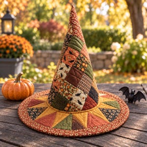Könnte beinhalten: Ein konischer Hexenhut aus gesteppten Stoffflicken in herbstlichen Farben wie Orange, Braun, Grün und Schwarz. Der Hut verfügt über eine breite, flache Krempe mit Sternmuster und eine hohe, spitze Krone mit verschiedenen saisonalen Drucken.
