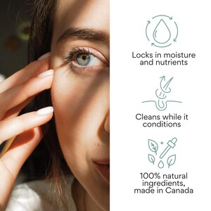 May include: A person's face with blue eyes, and the text "Locks in moisture and nutrients", "Cleans while it conditions", and "100% natural ingredients, made in Canada". The image shows a woman's face and product information.