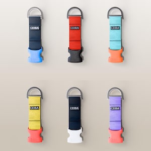 May include: Six colorful dog leash attachments with metal D-rings and plastic buckles. Each attachment features a different color: navy blue, red, teal, yellow, black, and purple. The brand name "CEIBA" is printed on each strap.