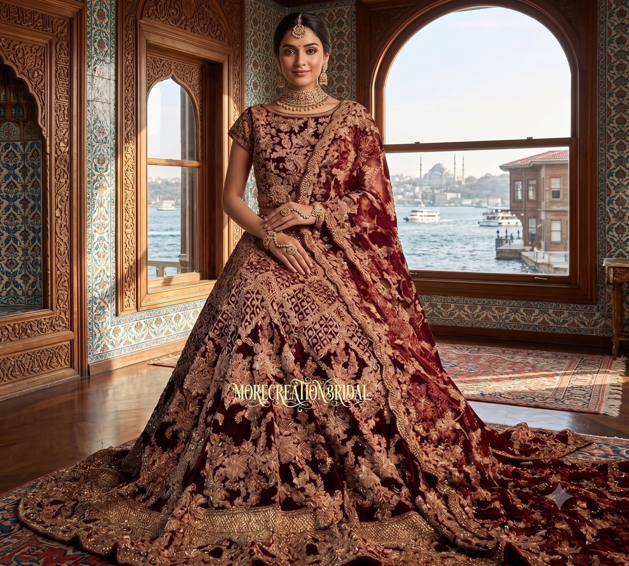 red golden pakistani bridal dresses Maroon Lehenga bridal party dress