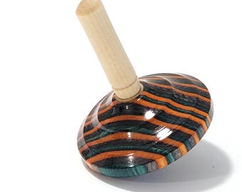 Orange, Teal and Gray Striped Handcrafted Wooden Toy Top
