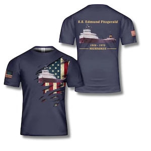 Koszulka z wizerunkiem statku Edmunda Fitzgeralda: Lakes Freighter, flaga amerykańska