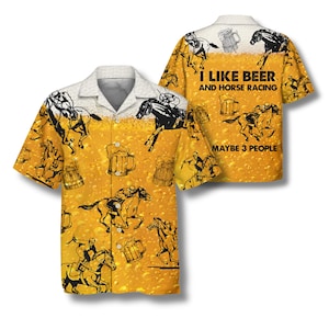 Funny Beer Horse Racing Hawaiian Shirt Aloha Button Up Mens Unisex Party Vacation Gift
