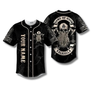Gepersonaliseerde Viking-schedel honkbaljersey aangepaste naam Noorse krijger button-up shirt zwarte runepatroon cadeau voor hem Festival Streetwear