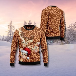 Giraffe Christmas Sweater: Reindeer Antlers Santa Hat - Unisex Holiday Knit