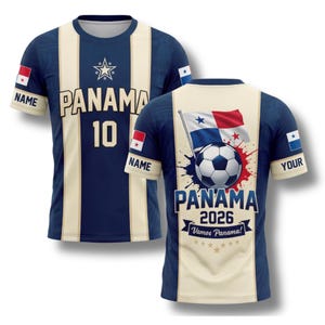 Op de afbeelding: Een marineblauw en crèmekleurig voetbalshirt met het woord "PANAMA" en het nummer "10" op de voorkant. De achterkant heeft een Panamese vlag, een voetbal en de tekst "PANAMA 2026". De mouwen hebben de Panamese vlag en het woord "NAME".
