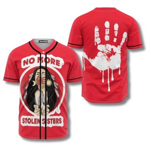 Camiseta de beisebol indígena "No More Stolen Sisters" com estampa 3D em vermelho, símbolo de conscientização sobre o movimento Native Baseball Jersey.