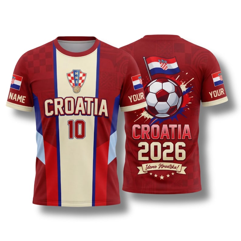 Croatia 2026 Soccer Fan T Shirt, Custom Name Number Tee, Red White Football Gift image 1