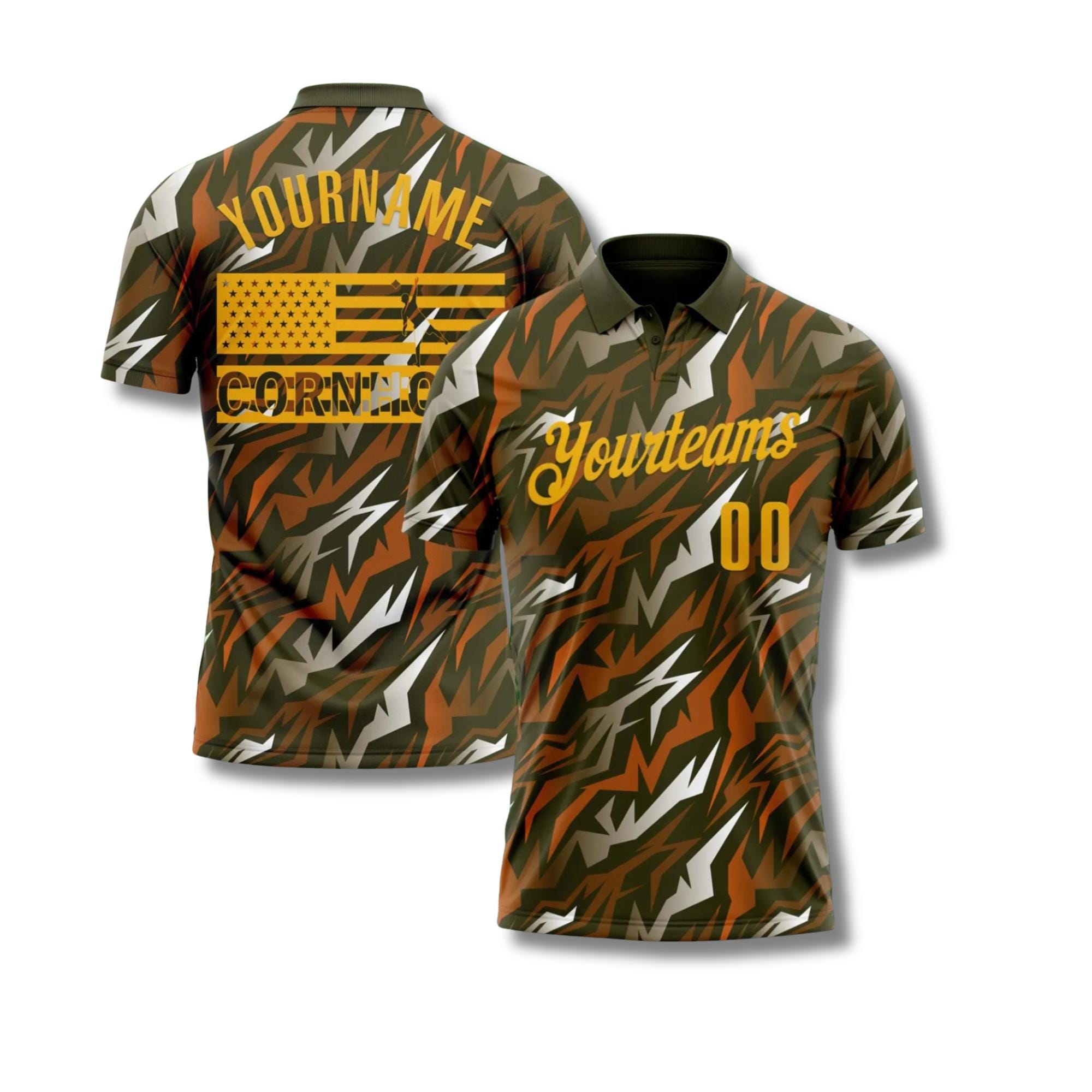 Discover Camo Cornhole Team Polo Jersey, Custom Name Number, Moisture Wicking League Shirt