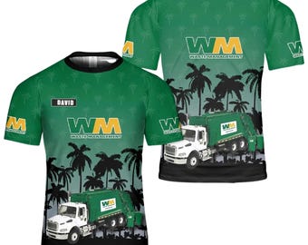 Custom Waste Management Garbage Truck T-Shirt - Personalized Name & WM Palm Tree Graphic Tee