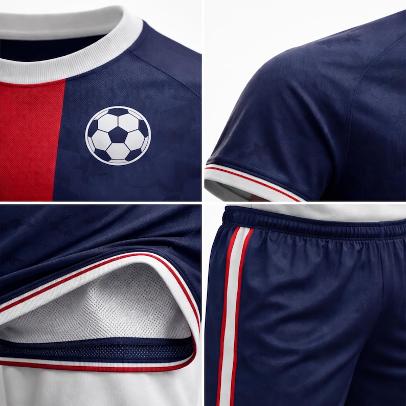 May include: Navy blue soccer jersey and shorts set. The jersey features a red vertical stripe, a soccer ball emblem, and white trim. The shorts have red and white stripes down the sides. The fabric has a subtle star pattern.