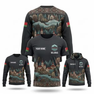 May include: A collection of black apparel including a t-shirt, a sweatshirt, and a hoodie, each featuring a landscape print of a town with a river, forest, and buildings. The garments display the text "YOUR NAME" and "BELARUS" with a flag patch.