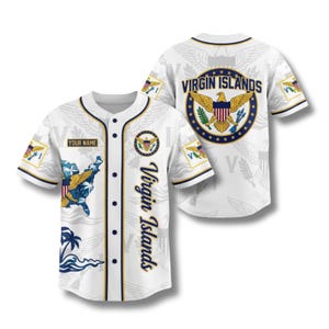 May include: White baseball jersey featuring the Virgin Islands emblem, a map, and the text "Virgin Islands." The jersey has navy blue and gold accents, with the words "Your Name" on a nameplate.