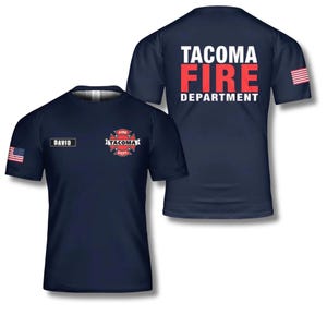 Tacoma Fire Department T-Shirt: Custom Name, USA Flag Sleeve
