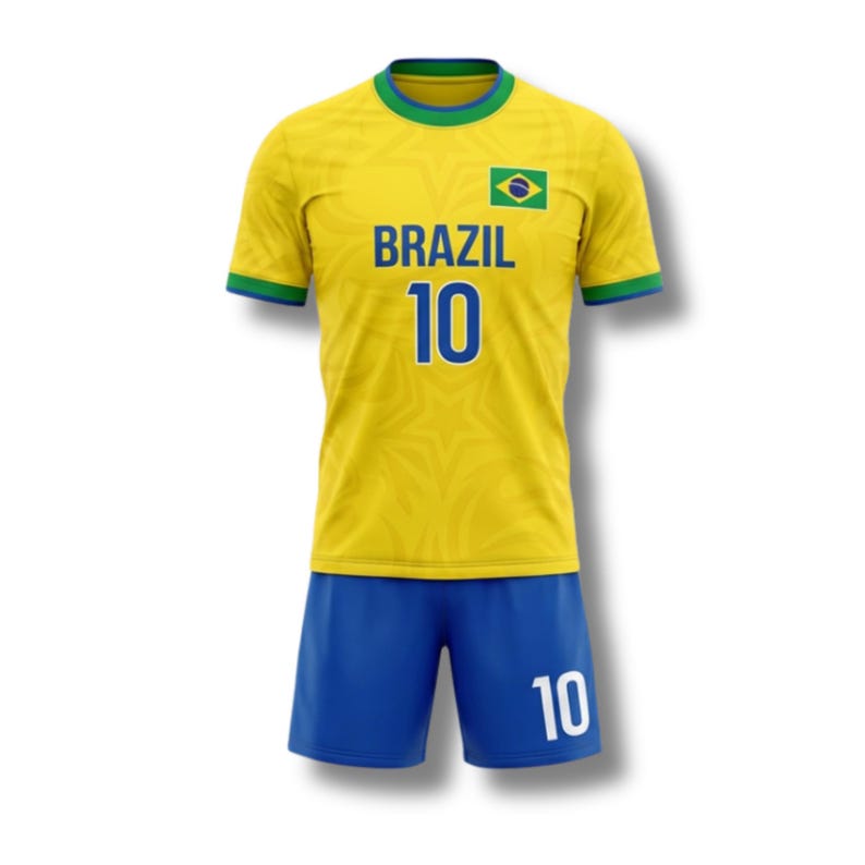 May include: A yellow soccer jersey and blue shorts set. The jersey has the word "BRAZIL" in blue, the number "10", and a Brazilian flag patch. The shorts also feature the number "10". The jersey has green and blue trim.