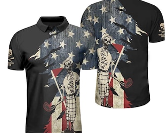 Skull Golfer Polo Shirt: Vintage USA Flag Design, Patriotic Golf Gift