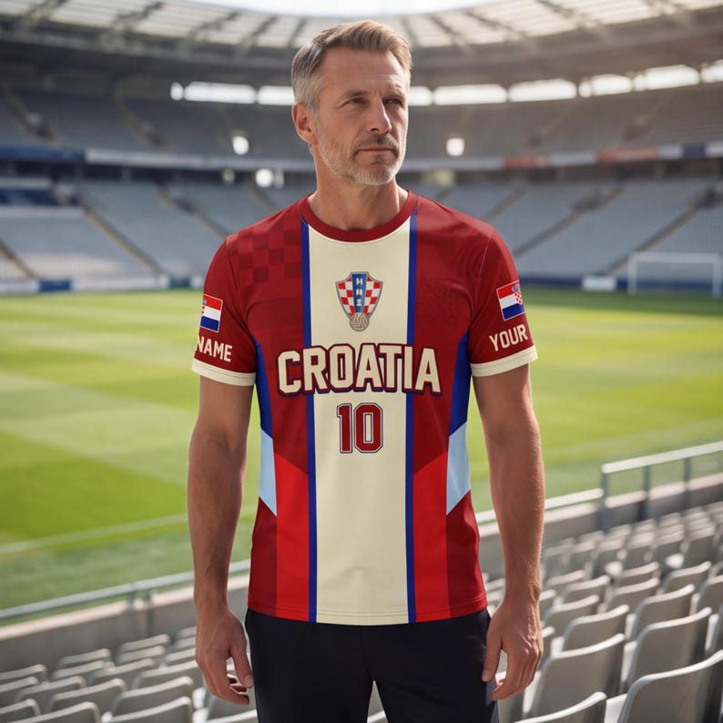May include: A red, white, and blue Croatia soccer jersey with the word "CROATIA" and the number "10" printed on the front. The jersey has a checkered pattern on the shoulders and the Croatian flag on the sleeves. The words "NAME" and "YOUR" are printed on the sleeves.