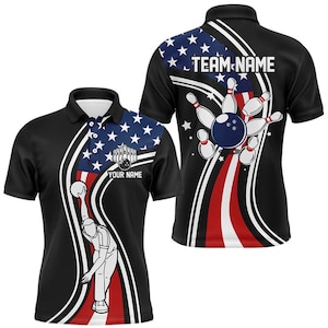 May include: Black polo shirt with a bowling theme. Features a design with the American flag, a bowler, bowling pins, and a bowling ball. Includes space for "Your Name" and "Team Name".