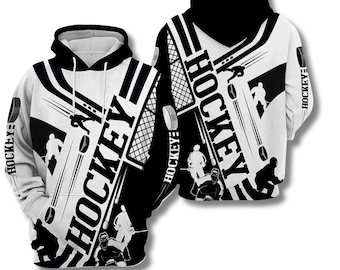 Sudadera unisex con capucha de hockey sobre hielo, con estampado integral, color blanco y negro, ideal como regalo para aficionados al hockey sobre hielo, ropa de calle deportiva de invierno.