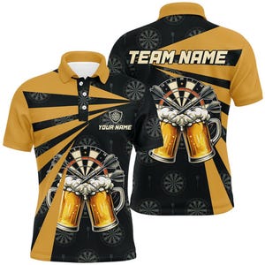 May include: A black and gold polo shirt with a dartboard and beer mug graphic. The shirt features a dartboard and beer mug design on the front and back, with the words "TEAM NAME" and "YOUR NAME" printed on it.