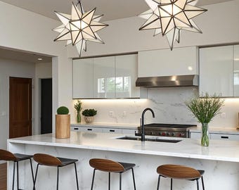 Handmade Brass Moravian Star Pendant Light - Milk Glass Chandelier