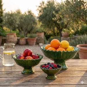 Puede incluir: Tres cuencos verdes de cerámica con pedestal llenos de fruta, incluyendo naranjas, melocotones y bayas, sobre una mesa de madera. También hay una jarra de cristal con agua y rodajas de limón. Los cuencos tienen un borde festoneado.