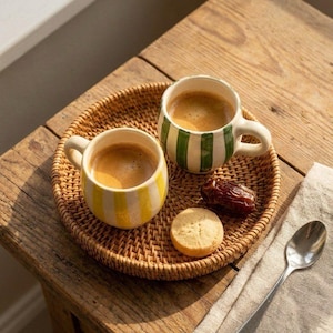Handmade Ceramic Espresso Cups – Striped Moroccan Pottery, Set of 2