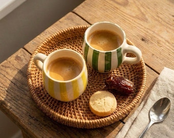 Handmade Ceramic Espresso Cups – Striped Moroccan Pottery, Set of 2
