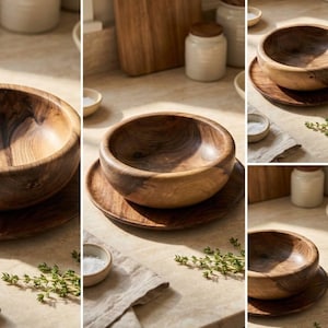 May include: Wooden bowls and plates set on a light-coloured countertop. The bowls are dark brown with a natural wood grain, and the plates are a matching colour. Small white ceramic jars and a wooden chopping board are also visible.