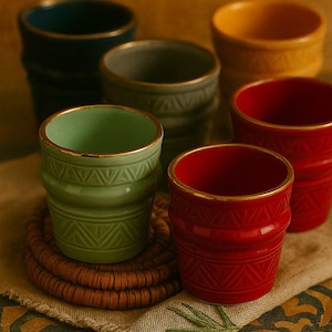 Moroccan Ceramic Cups with Golden Touch – Set of 3 to 6 | Handmade, 5oz Artisanal Tea Glasses