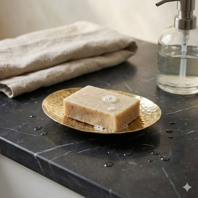 May include: A rectangular bar of soap with bubbles sits on a hammered gold-colored soap dish. A clear glass soap dispenser with a silver pump and a folded beige towel are in the background. The soap dish is on a dark countertop.