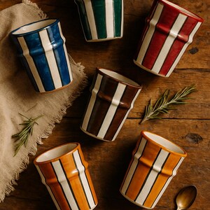 May include: Six colorful ceramic cups with vertical stripes in blue, green, red, brown, and orange, each with white stripes. The cups are arranged on a wooden surface with a sprig of rosemary and a spoon.