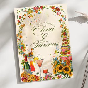 Invitación a fiesta maximalista de los 70 - Invitación de boda romántica - Tarjeta con temática floral retro y colorida - Fiesta de aniversario en el jardín - Cumpleaños vintage