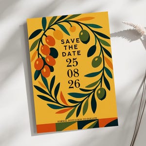 Modèle d'Invitation « Save the Date » méditerranéenne - carte de mariage imprimable sur le rameau d'olivier de toscane - chypriote grec - faire-part bohème modifiable