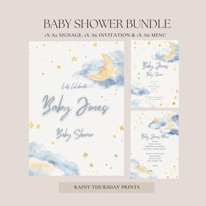 Babyshowerpaket med stjärnklar natt – himmelsk inbjudan, meny och skyltning (digitalt utskrivbar)