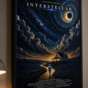 Op de afbeelding: Een ingelijste filmposter voor Interstellar met een eenzame astronaut die op een pad naar een huis loopt onder een donkere, wervelende kosmische lucht met een zwart gat. De tekst luidt: Mankind was born on Earth.