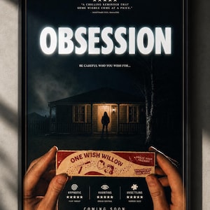 Könnte beinhalten: Ein gerahmtes Filmplakat mit dem Titel OBSESSION, das ein dunkles Haus bei Nacht und eine Person zeigt, die eine Schachtel im Vintage-Stil mit der Aufschrift ONE WISH WILLOW hält. Das Plakat enthält Text wie A CHILLING REMINDER THAT SOME WISHES.