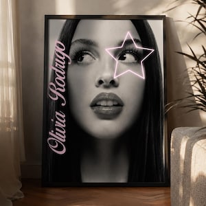Olivia Rodrigo Black & White Poster | Minimalist Portrait Print | GUTS Inspired Wall Art | Pink Star Aesthetic | Modern Bedroom Decor