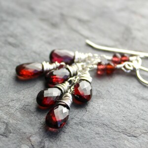 Garnet Earrings Red Gemstone Earrings Delicate Cascade Sterling Silver January Birthstone Earrings image 1