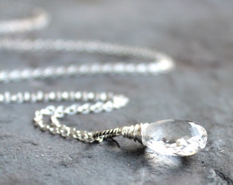 Crystal Quartz Teardrop Necklace: Sterling Silver Pendant, April Birthstone