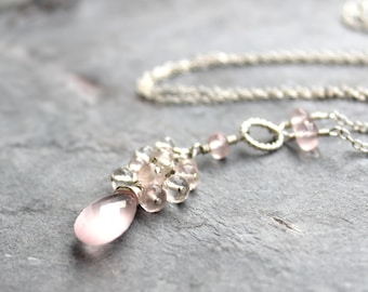 Cascade Rose Quartz Necklace Sterling Silver Cluster Pink Gemstone Tassel Necklace