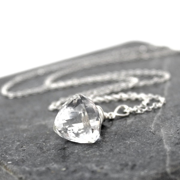 Crystal Necklace Quartz Jewelry Trilliant Faceted Briolette Sterling Silver Pendant Necklace Clear Crystal Quartz Stone