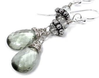 Green Amethyst Earrings with Bali Beads, Sterling Silver Faceted Prasiolite Mint Teardrops